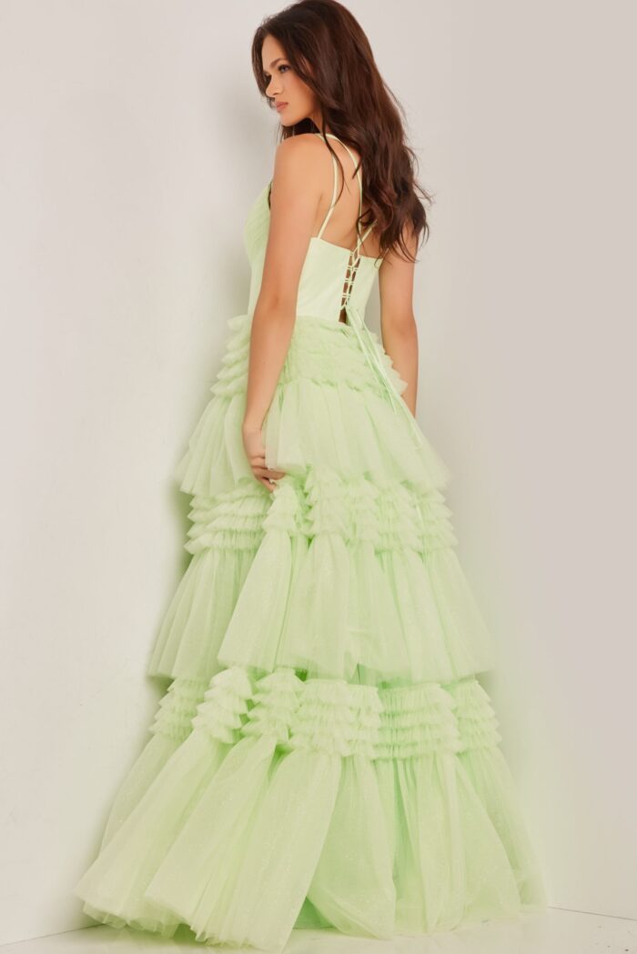 Jovani 38477 green gown from behind showing lace-up back.