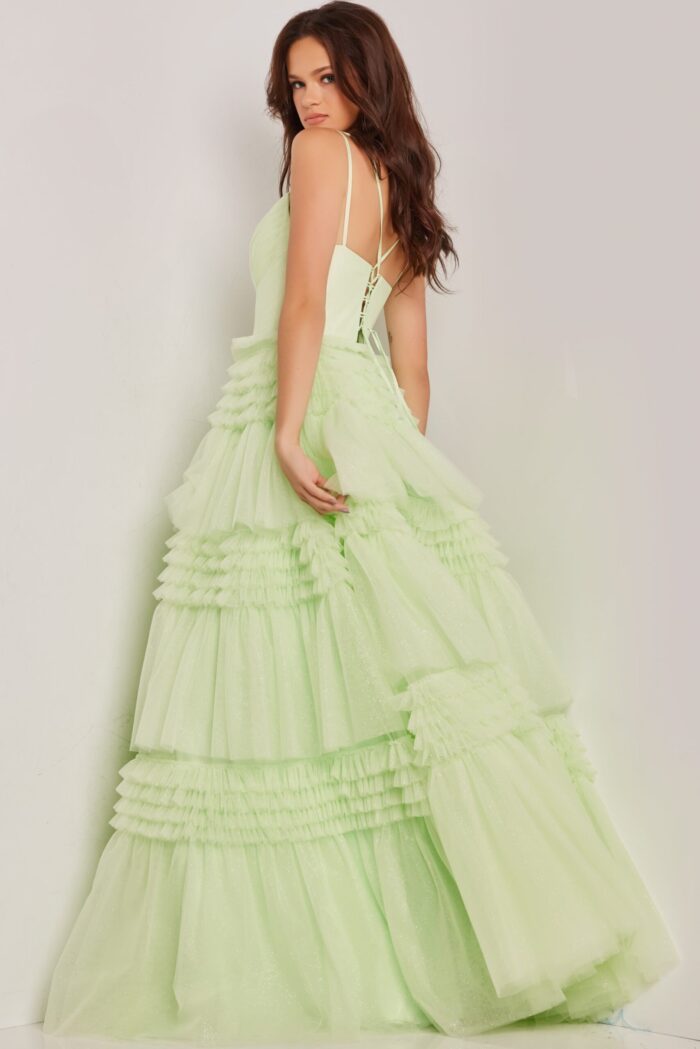 Jovani 38477 green gown back view with lace-up detail.