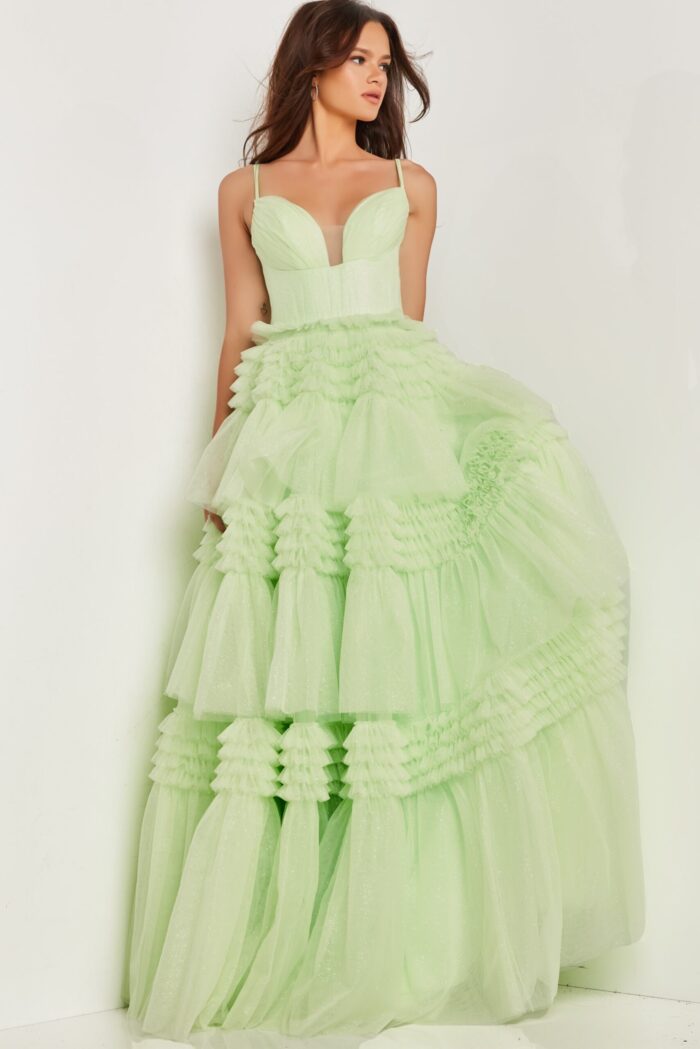 Front view of Jovani 38477 green gown showcasing plunging neckline.