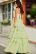 Back view of Jovani 38477 green gown showing lace-up detail.