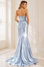 Strapless ice blue satin evening gown with a structured corset bodice, draped skirt, thigh-high slit, and elegant floor-length train.