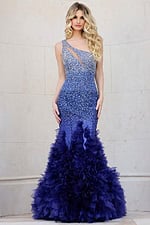Model showcasing Jovani 38507 blue gown with an asymmetrical neckline and ruffle skirt, full front view