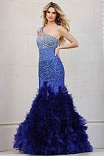 Model wearing Jovani 38507 blue gown with sparkling details and ruffle skirt, facing front