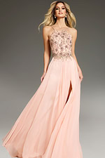 Main view of model wearing Jovani 38509 blush gown with A-line silhouette and high slit.