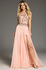 Model wearing Jovani 38509 blush gown with halter neckline and floral embellishments.