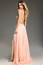 Back view of model wearing Jovani 38509 blush gown with open back design.
