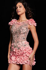 Model showcasing Jovani 38510 blush dress with floral details