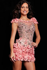 Model wearing Jovani 38510 blush dress with floral appliques