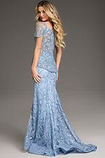 Elegant Jovani 38514 blue gown with lace and sheer sleeves, front view.