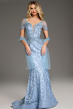 Back view of Jovani 38514 blue gown with lace and sheer sleeves.