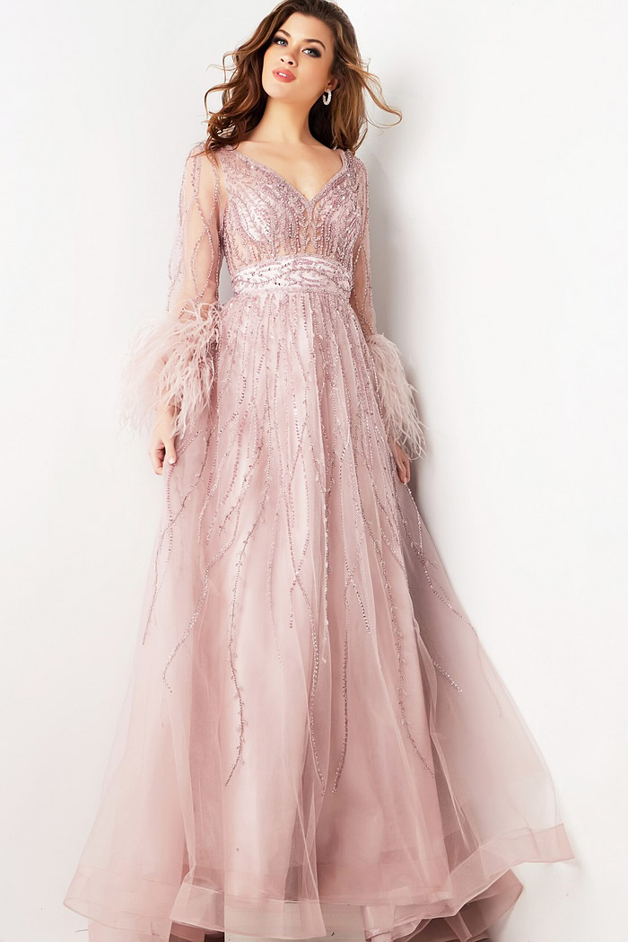 long sleeve dresses size 18 Long Pleated Plus-Size Formal Dress with Long Sleeves Rose Gold / 18