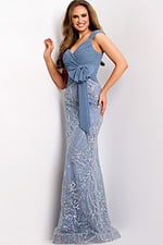 Slate blue fitted gown featuring a ruched bodice 38616