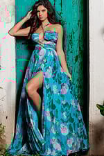 Model wearing Jovani 38638 blue floral dress with sweetheart neckline and high slit.