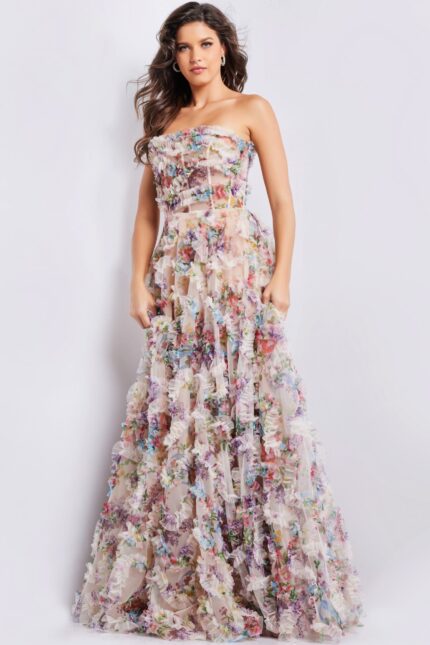 Model wearing Jovani 38650 multi-color floral gown highlighting the front details