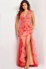 Model front view wearing Jovani 38668 coral dress with lace detail.