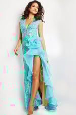 Model wearing Jovani 38668 turquoise dress, highlighting ruffled slit.
