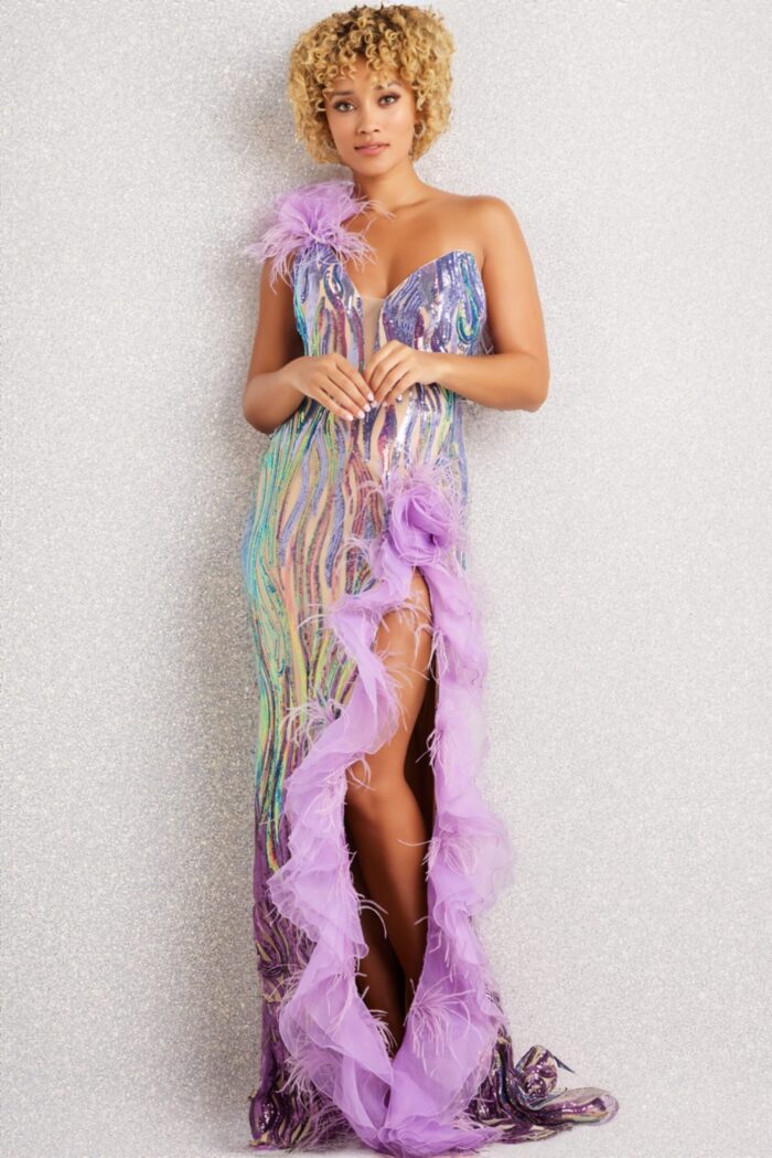 Model wearing Jovani 38678 lilac gown with sequin details and feather accents, showcasing front view.