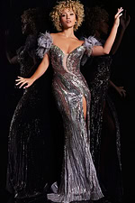 Model wearing Jovani 38679 elegant sequined gown with sweetheart neckline and feathered sleeves, front view.