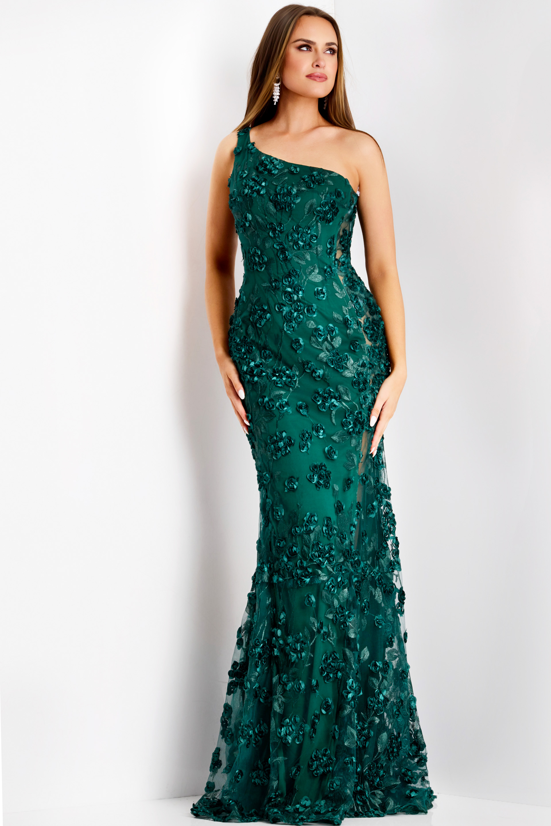 38684A_EMERALD_15850 One-Shoulder 3D Floral Embellished 38684