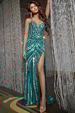 Model wearing 38707 green gown with sweetheart neckline and high slit.