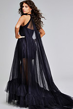 model wearing Jovani 38720 black dress showing back view