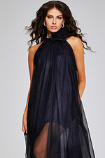 model wearing Jovani 38720 black dress showing front details