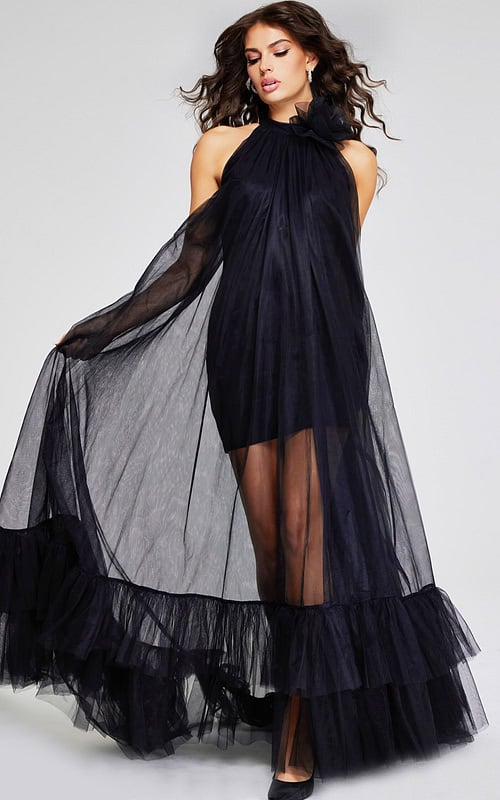 model wearing Jovani 38720 black dress with halter neckline and ruffled tiers