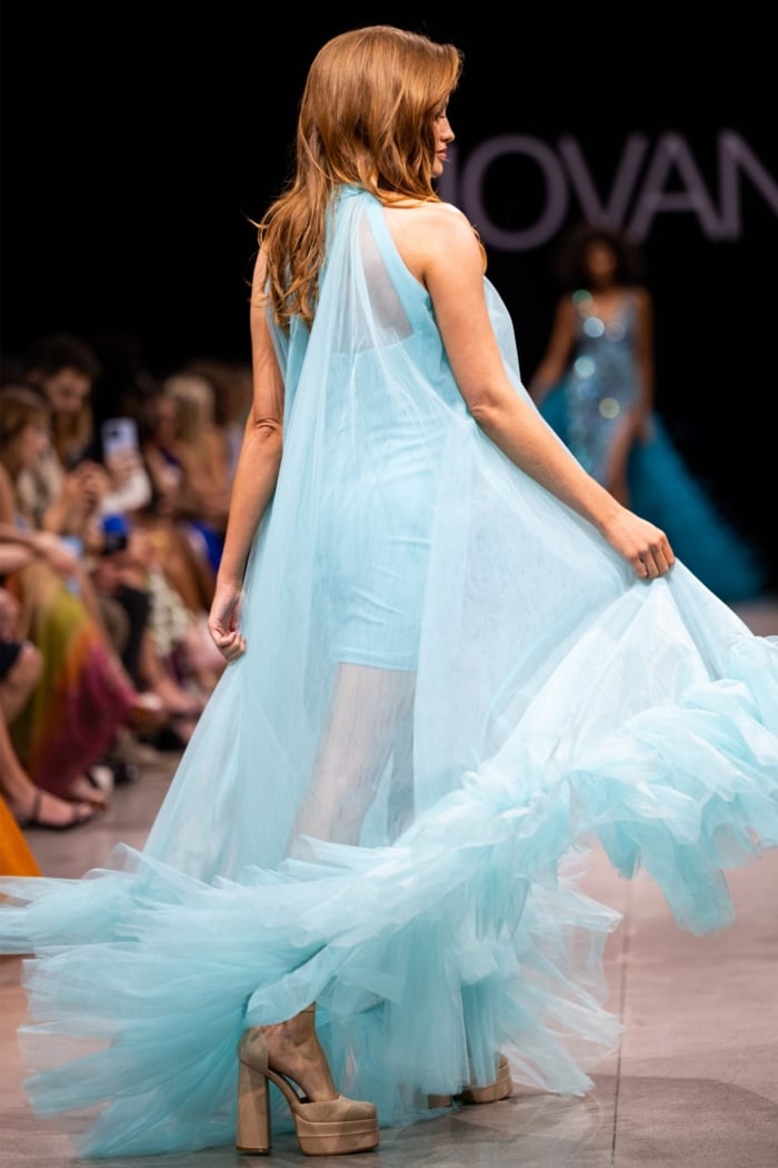 model on runway wearing Jovani 38720 turquoise dress