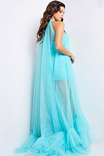 model wearing Jovani 38720 turquoise dress showing back view