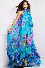 Front view of Jovani 38721 dress, highlighting the colorful print and floral neckline detail.