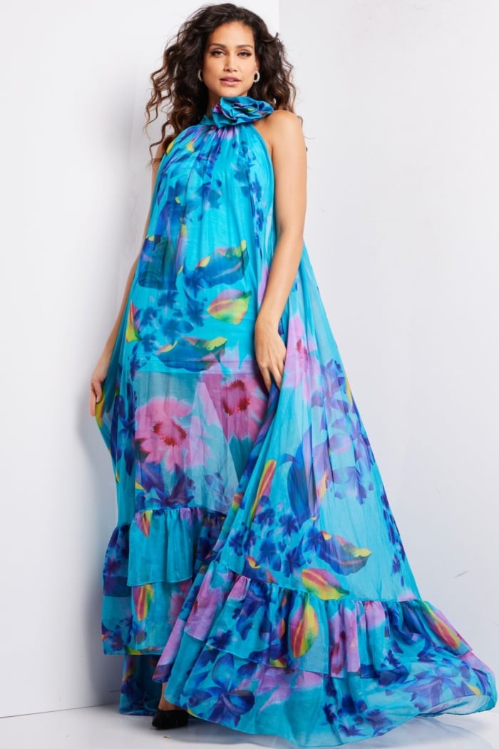Jovani 38721 dress from the front, featuring colorful print and elegant A-line silhouette.