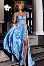 Full length view of Jovani 38722 on model with vibrant print and high slit.