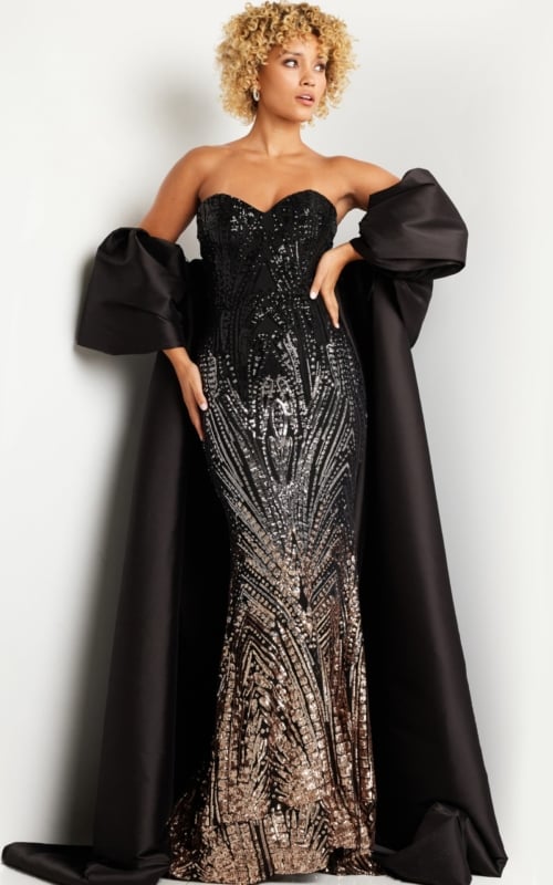 model wearing 38746 black gown with sweetheart neckline and detachable sleeves front view
