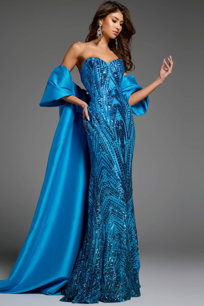 Strapless Sequin Gown With Matching Cape 38746