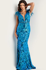 Model wearing Jovani 38758 royal blue gown, front view highlighting V-neckline and sequin details.