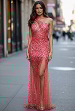 Model wearing one shoulder beaded gown with sheer skirt and high slit, posing on a city street.