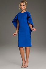 Model in Jovani 38824 exhibiting elegant Royal dress with a round neckline