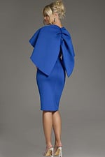 Back view of model wearing Jovani 38824 in Royal with oversized bow detail