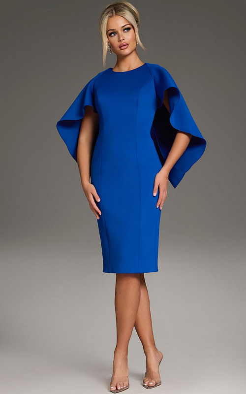 Model wearing Jovani 38824 in Royal with a sheath silhouette and flutter sleeves