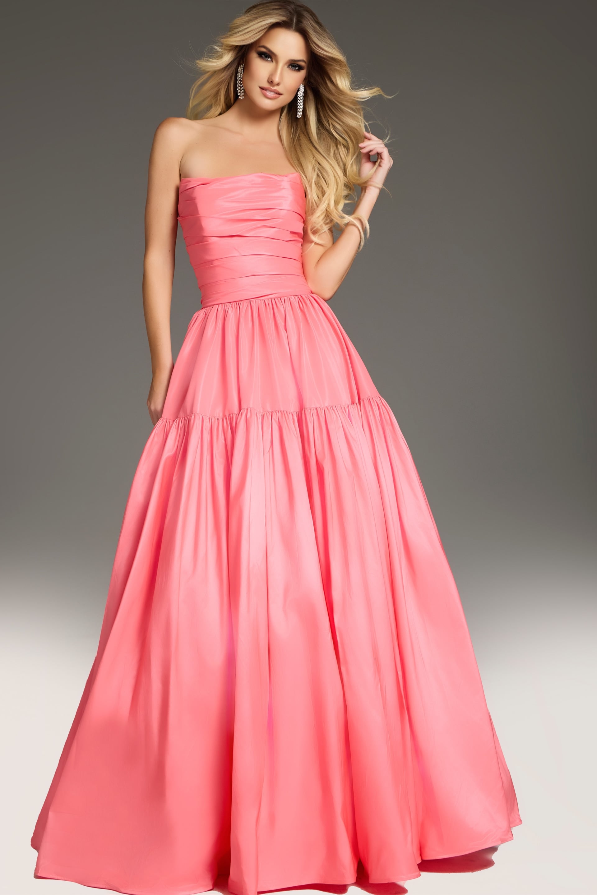 38831 Model wearing 38831 in a pink strapless dress showing front view