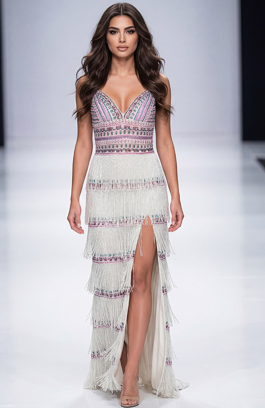 Beaded V Neckline Fringe Dress 38846 | Jovani