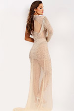 Glamorous sheath gown with one long sleeve and thigh-high slit