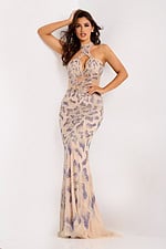 Nude fitted mermaid gown with purple sequin floral details and open back