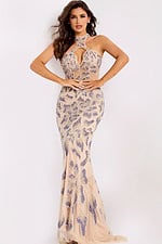 Sleeveless mermaid gown with intricate floral beadwork and halter neckline
