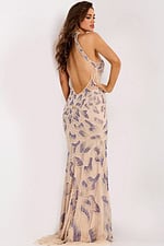 Halter embellished evening gown with floral beading and keyhole neckline