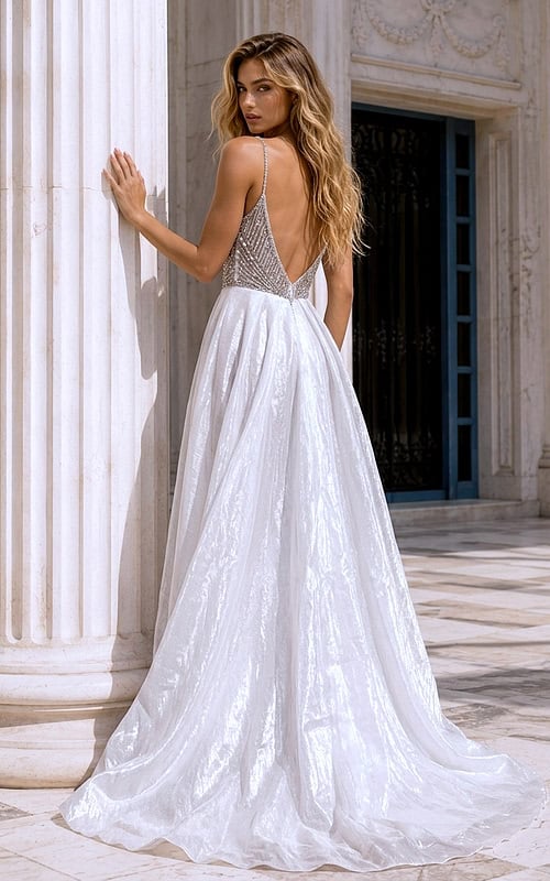 Jovani 38860 open-back silver beaded gown with spaghetti straps and white flowing overskirt