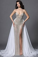 Luxury beaded mermaid gown with a low open back and detachable full white overskirt