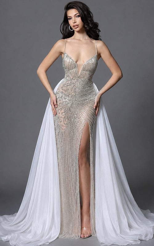 Luxury beaded mermaid gown with a low open back and detachable full white overskirt