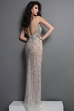 beaded dress with plunging neckline and overskirt