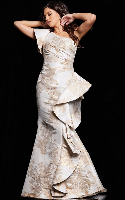 model wearing 38935 front view gold evening gown with one-shoulder and ruffle details